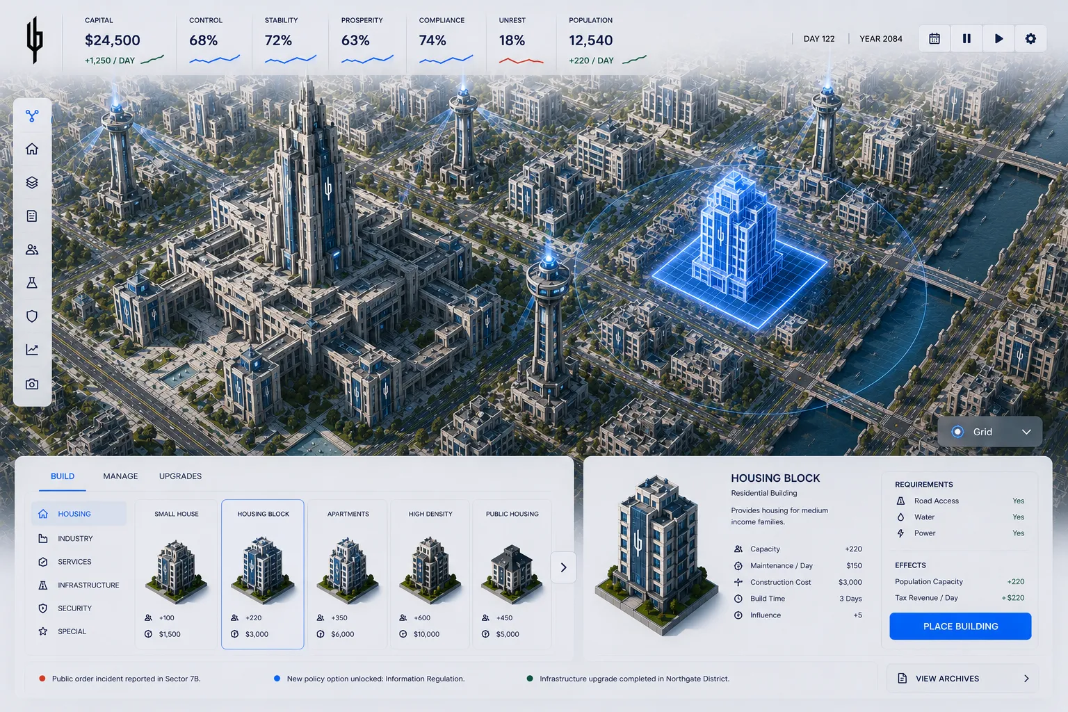Urban Protocol gameplay — city management interface showing district planning, infrastructure overlays, and policy controls.
